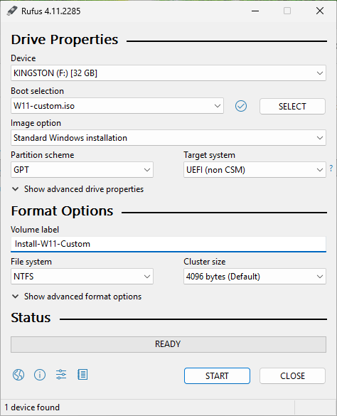 Rufus window configured to create a bootable USB drive UEFI à partir du fichier ISO