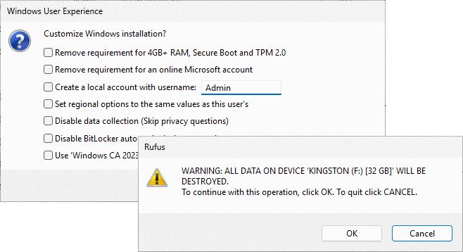Rufus window showing installation customization options de Windows, avec un avertissement indiquant que le contenu de la clé USB de 32 Go sera effacé.