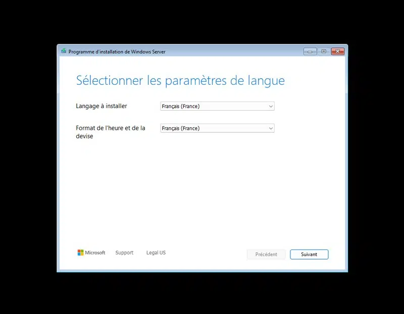 Écran de validation de la langue de Windows