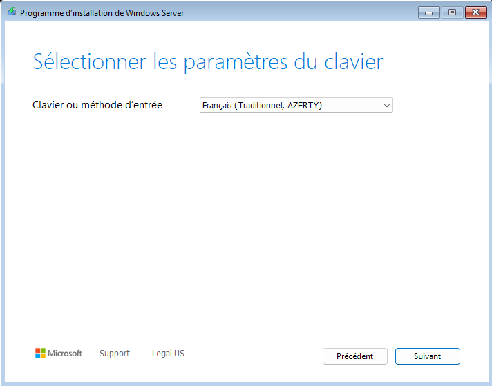 Ecran de validation de la langue du clavier (AZERTY)