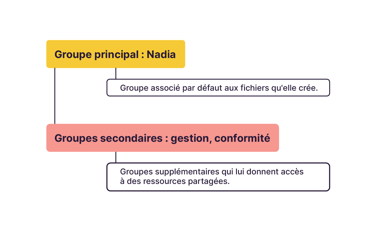 Schéma des groupes Linux : groupe principal de Nadia pour ses fichiers, et groupes secondaires (gestion, conformité) pour accéder à des ressources partagées.