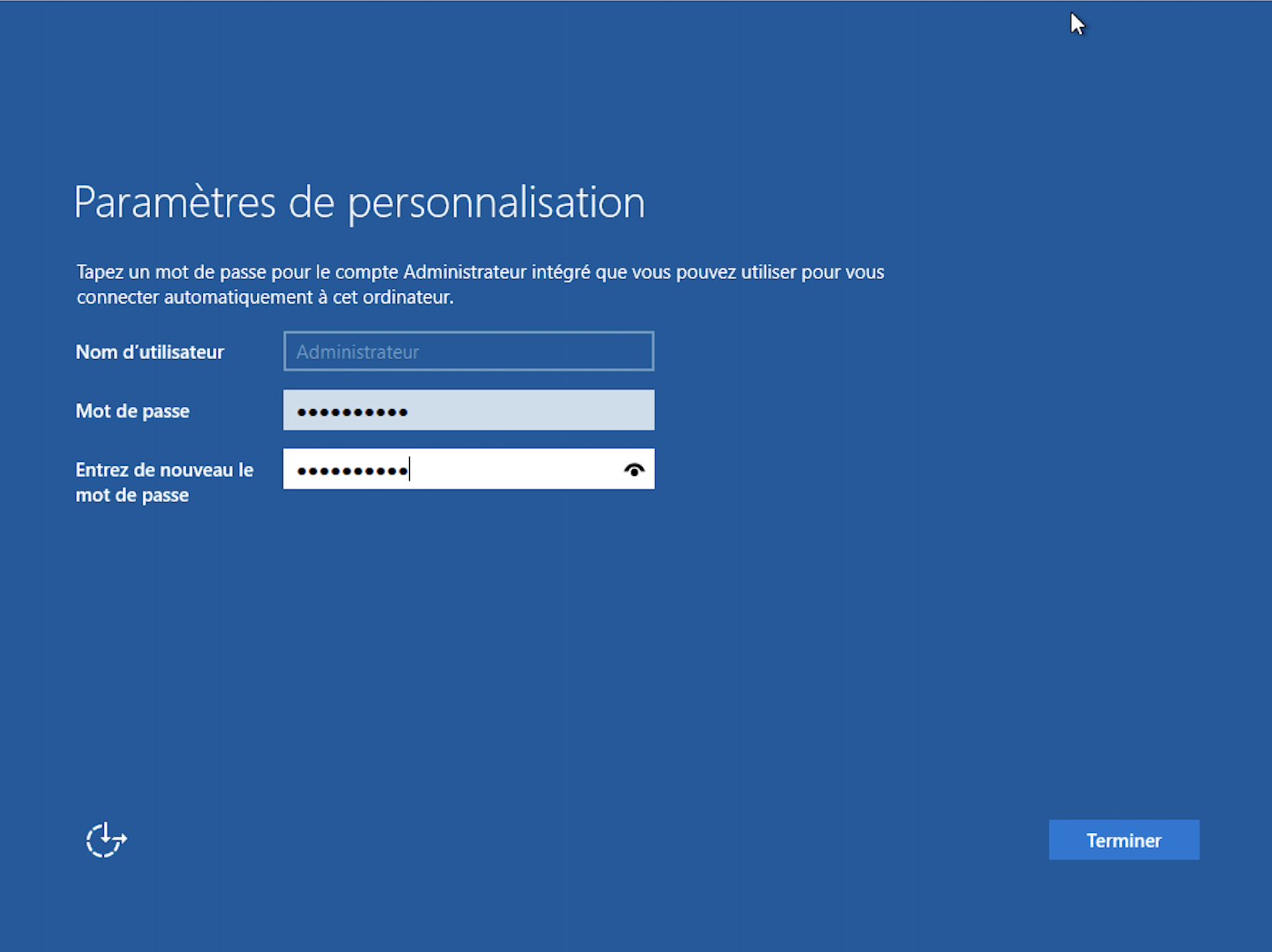 Page de paramètres de personnalisation pour le mot de passe