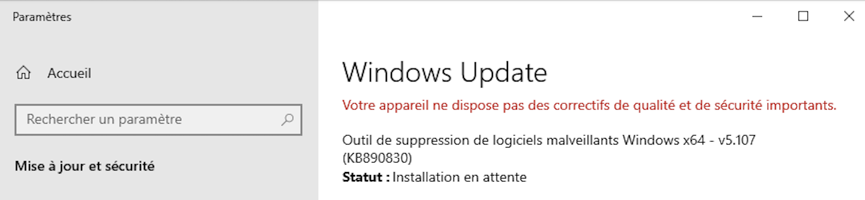 Fenêtre des mises à jours à installer