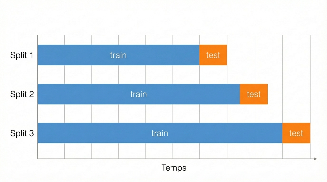 Le jeu de données est divisé en plusieurs splits successifs. À chaque itération, la fenêtre d'entraînement s'agrandit, tandis qu'une nouvelle fenêtre de test lui succède chronologiquement.