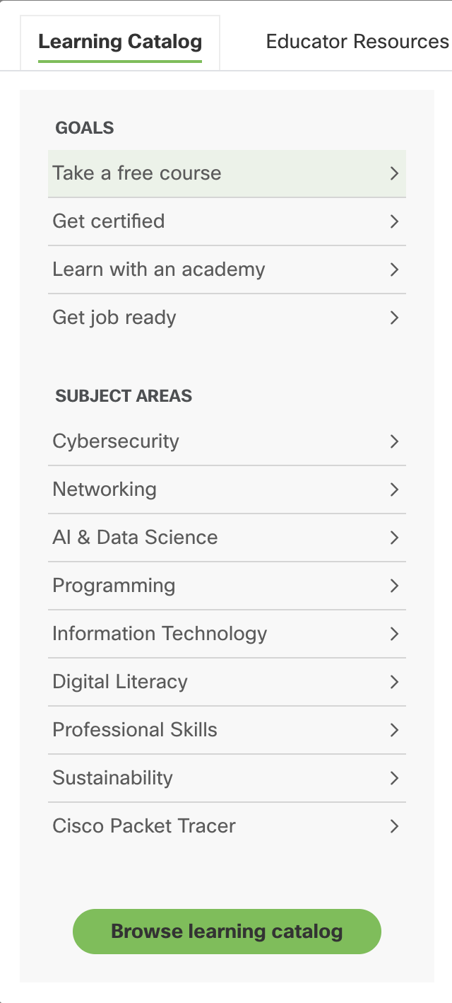 Here’s an overview of the learning catalog. At the bottom of the list, you will find the Packet Tracer Section