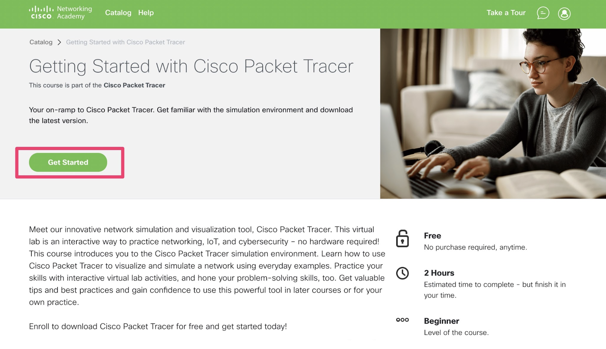 Click on “Get started” on the registration page for the introductory Packet Tracer course.