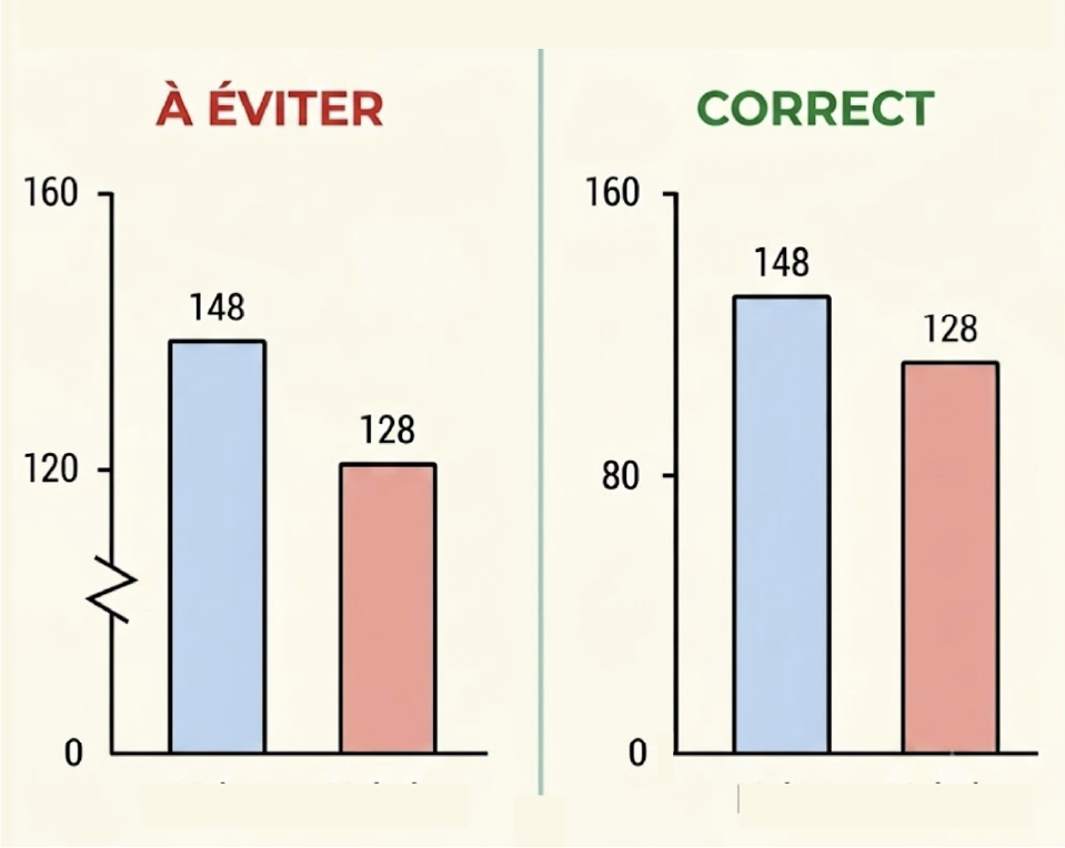 Comparaison de deux graphiques : à éviter, l’axe tronqué exagère l’écart entre 148 et 128; correct, l’axe part de zéro et montre une différence modérée.