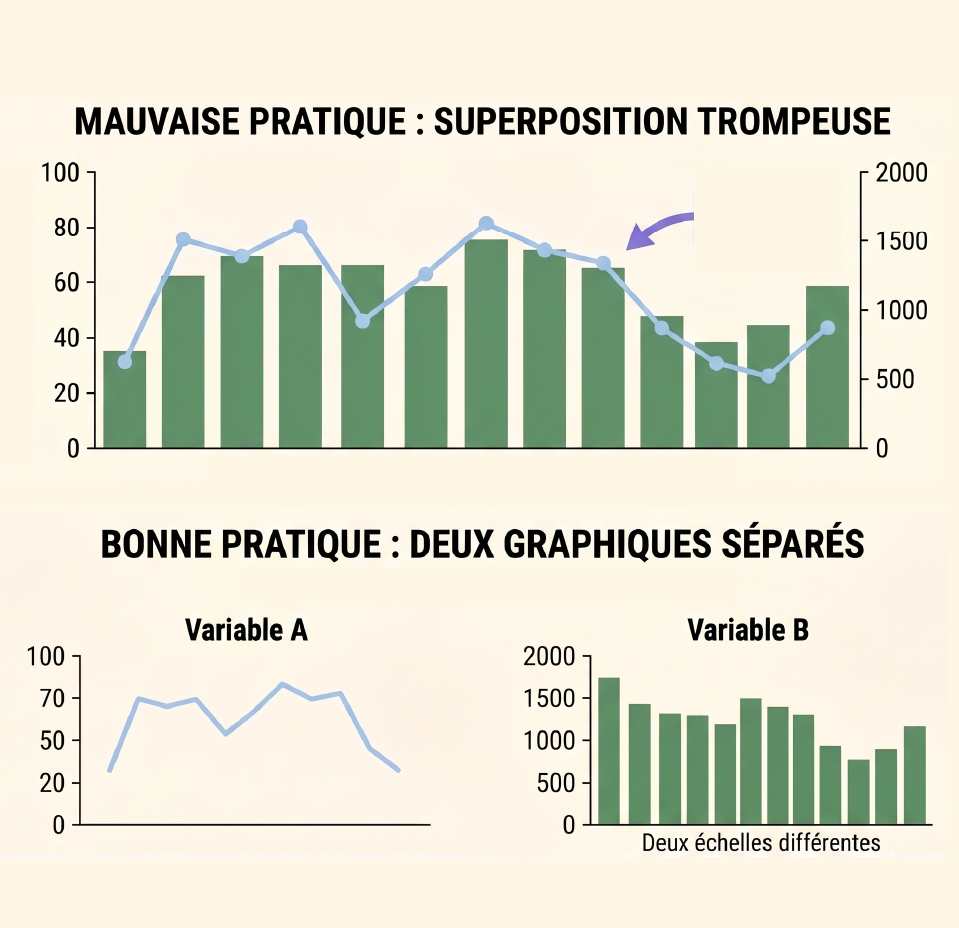 Infographie : superposer courbe et barres à deux échelles est trompeur. Bonne pratique : séparer les variables A et B en deux graphiques.