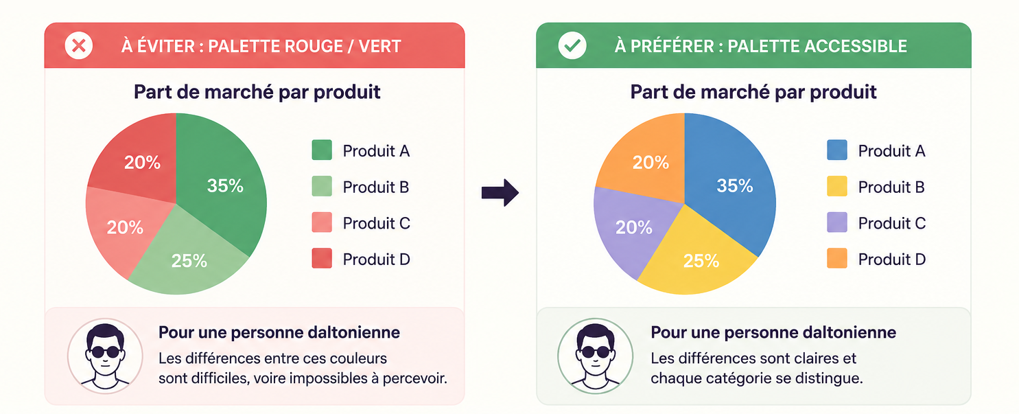 Deux camemberts comparés : palette rouge-vert à éviter pour le daltonisme; palette bleue, jaune, violette et orange à privilégier pour distinguer les produits.
