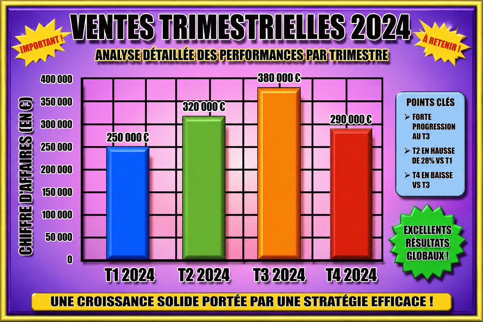 Graphique très chargé des ventes 2024. Couleurs vives, effets 3D et nombreux encadrés nuisent à la lisibilité.