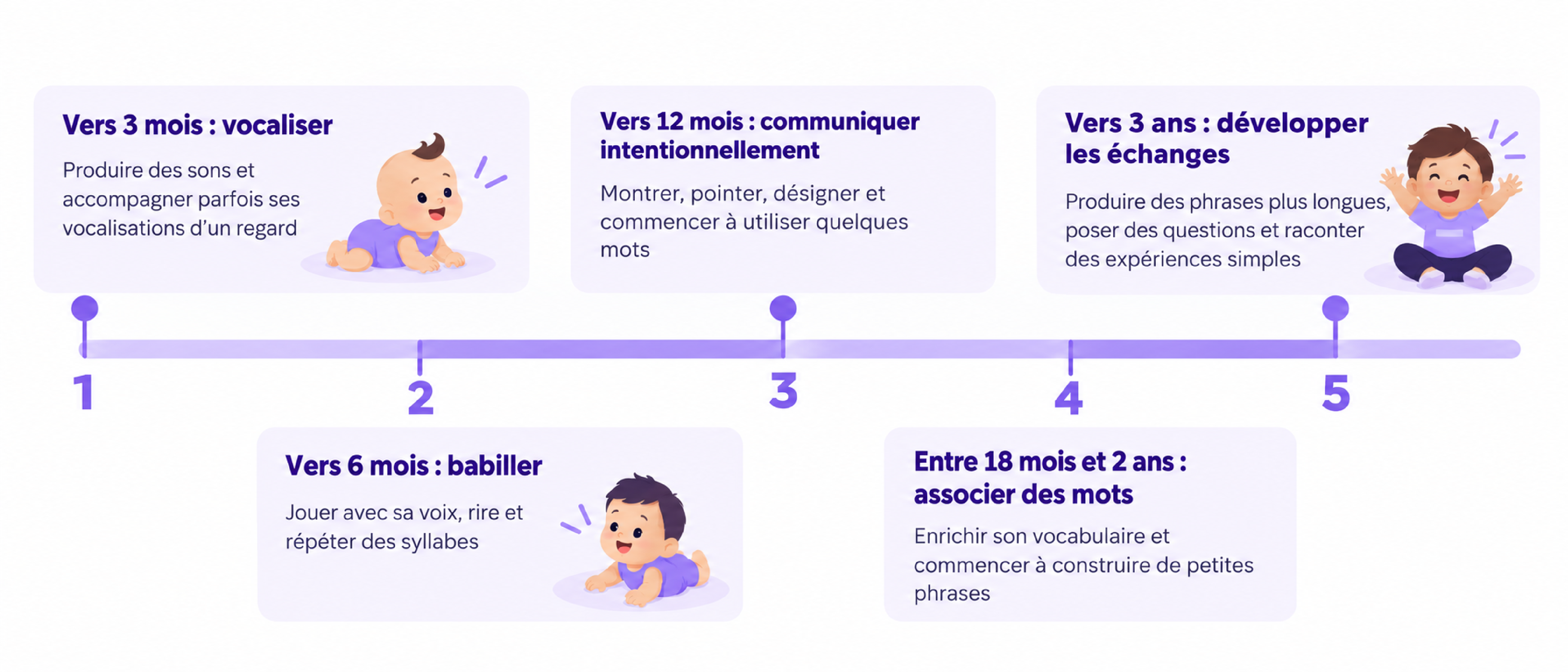 Une frise présente cinq grandes étapes du développement de la communication, des vocalisations vers 3 mois aux phrases et aux questions vers 3 ans.
