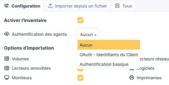Après activation de l’inventaire, la liste d’authentification des agents présente les méthodes disponibles