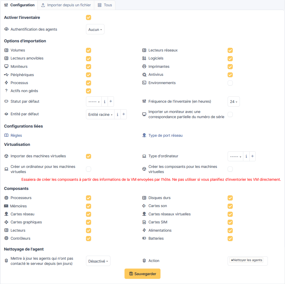Extrait des options d’import de l’inventaire