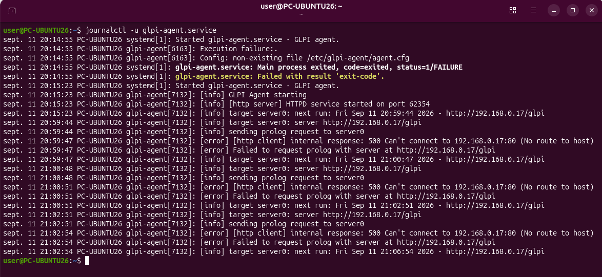 Le journal de l’agent Ubuntu montre un échec de communication avec l’adresse configurée